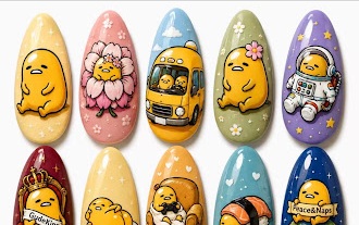 Pastel oval nails illustrated with a cartoon yellow character in different scenes