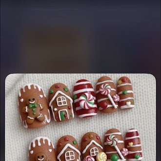 Short brown nails with gingerbread figures, gingerbread houses, and red and white candy details
