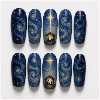 Navy nail art with gold celestial motifs