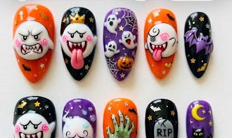 Colorful spooky character nail art