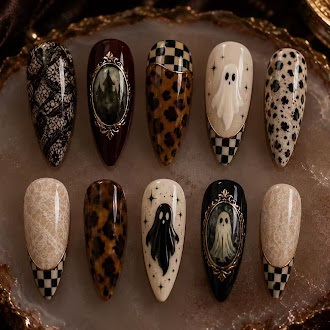 Black, ivory, and earth-toned gothic nail art