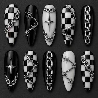 Black and white nail art with chains and checkerboard details